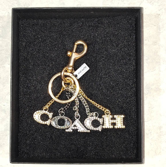 NWOT Coach Perforated Sparkle "COACH" Letters Gun Metal Bag Charm Keychain - Picture 2 of 7